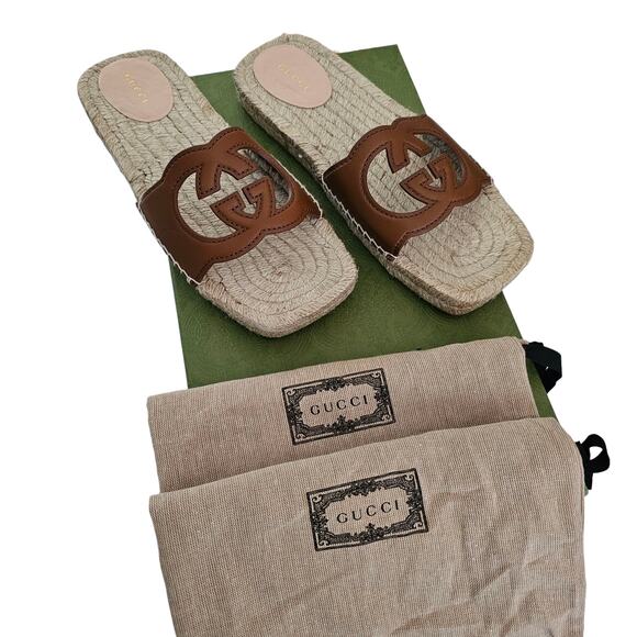 Gucci GG Espadrille Flat Slide Sandal Size 38.5 US 8.5 Brown Cut Out Square Toe - Picture 2 of 11